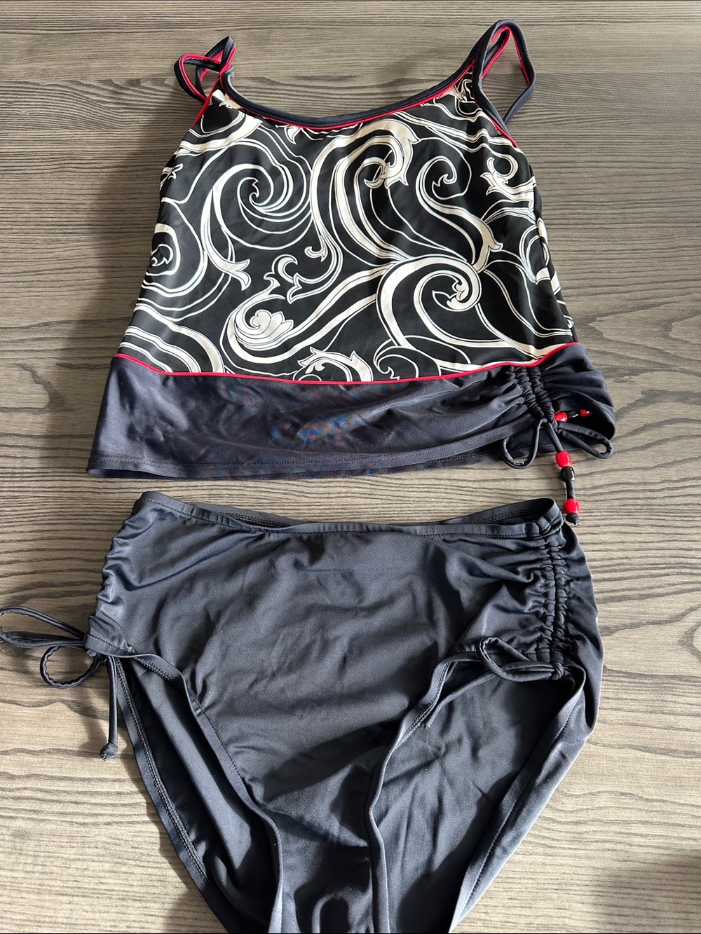 Caribbean Joe Black & White Swirl Tankini with Red Trim